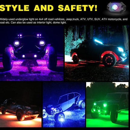 Underground light used on various vehicles with color-changing effects, highlighting safety and style.