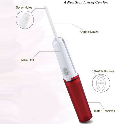 Red and white handheld device with labeled parts on a white background