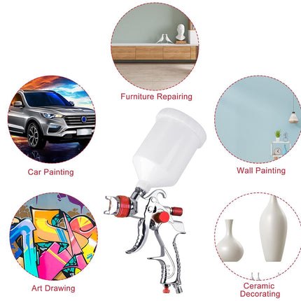 A spray paint gun with a white plastic cup attachment, shown on a white background with six circular application examples including car painting, furniture repairing, wall painting, art drawing, and ceramic decoration.