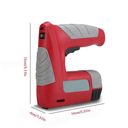 A red and gray cordless nail gun shown on a white background with dimension lines and text indicating its height, width, and depth measurements.