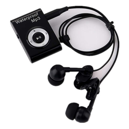 Black waterproof Mp3 player with built-in earphones and connecting cable, shown on a plain white background.