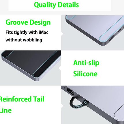 Product features with text on groove design, anti-slip silicone, and reinforced tail line.