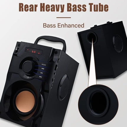 Black speaker system with 'Rear Heavy Bass Tube' and 'Bass Enhanced' text on a white background