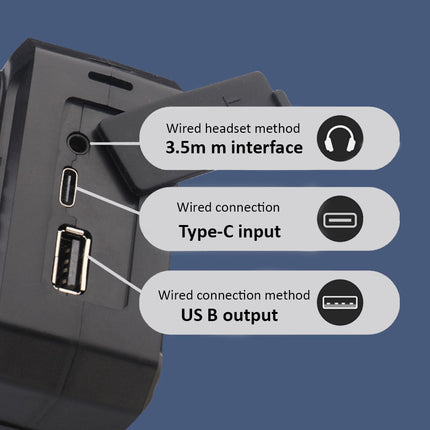 Close-up of a device with connection ports labeled on a blue background