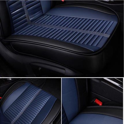 Collage of blue car seat covers with stitching details on a black background