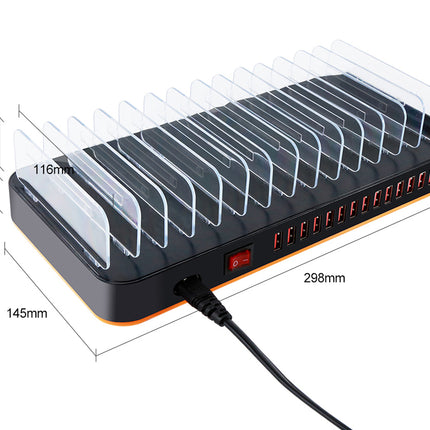 Black electronic device with clear plastic components and dimensions labeled on a white background