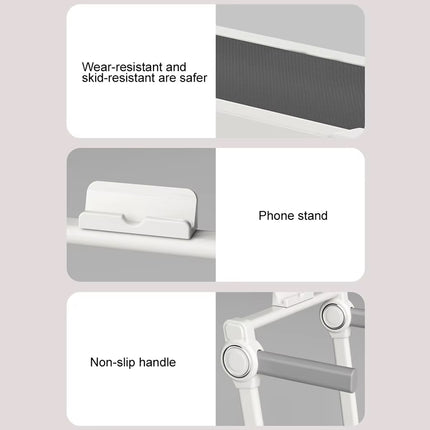 Product features including wear-resistant surface, phone stand, and non-slip handle on a light gray background.