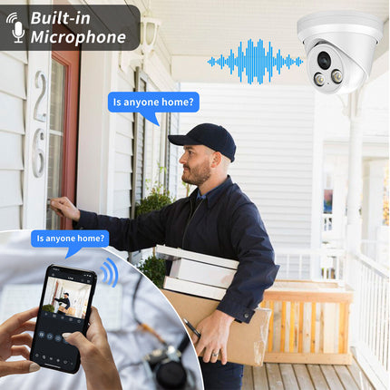 Person using a smartphone with a home security camera on a porch, featuring a built-in microphone.