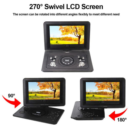 Portable DVD player with swivel LCD screen showing tree and field images, with text indicating screen rotation capabilities.