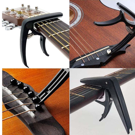 Guitar capo being used on different types of guitars with close-up shots.