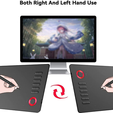 Two graphic tablets with styluses, one for right-handed and one for left-handed use, displayed in front of a computer screen showing an animated scene.