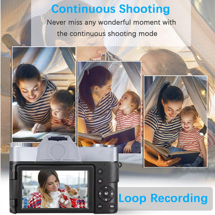 Camera with continuous shooting and loop recording features, showing a family reading together.