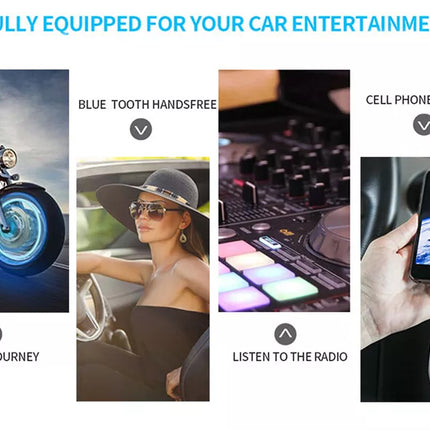 Car entertainment system features with motorcycle, woman in car, dashboard, and smartphone.