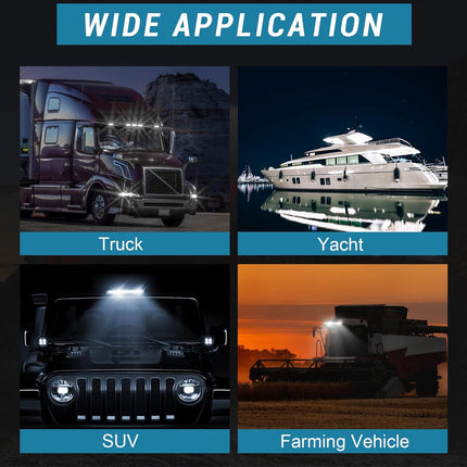 Images of a truck, yacht, SUV, and farming vehicle with text 'WIDE APPLICATION' at the top.