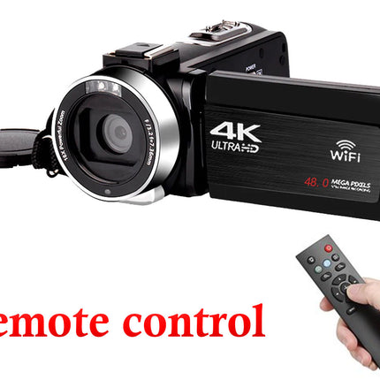 4K Ultra HD camera with remote control on a white background
