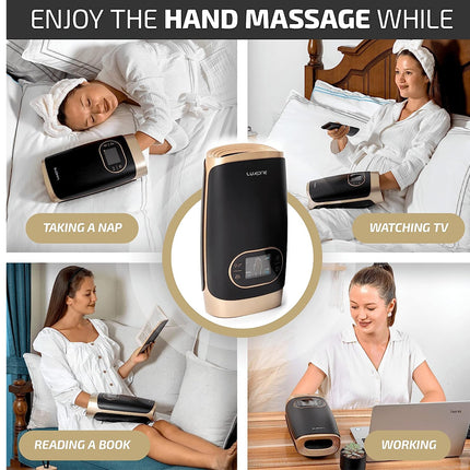 Handheld massager being used by a woman in various activities with text indicating its use.