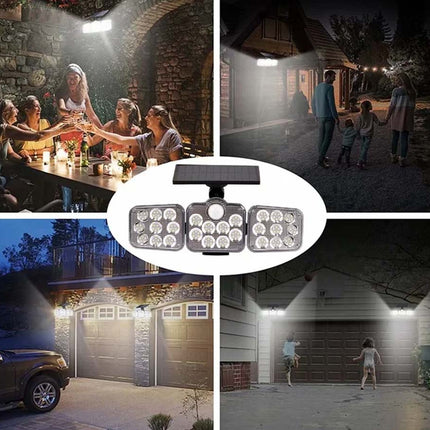 Collage of outdoor lighting fixtures in various settings with people and vehicles.