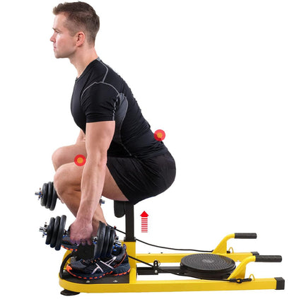 Person using a yellow exercise machine with weights on a white background