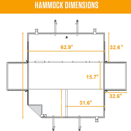 Diagram of a hammock with dimensions labeled on a white background