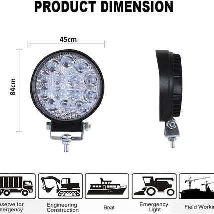 Measurement chart of a round LED work light with dimensions and usage scenarios.