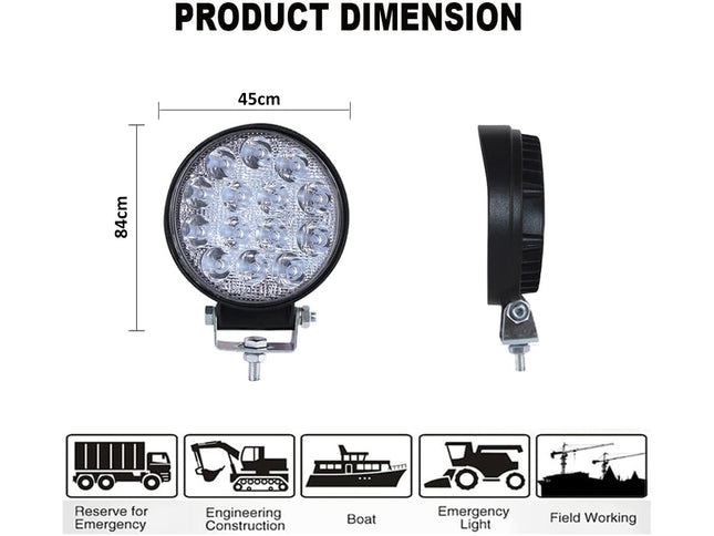 Measurement chart of a round LED work light with dimensions and usage scenarios.
