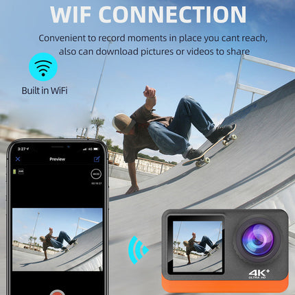 Action camera with smartphone app interface showing a skateboarder at a skate park, emphasizing Wi-Fi connectivity.