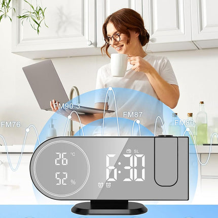 6 in 1 Digital Alarm Clock with 180° Projector FM Radio USB Charger Temperature Humidity Monitor Dual Alarm 7 Inch LED Display