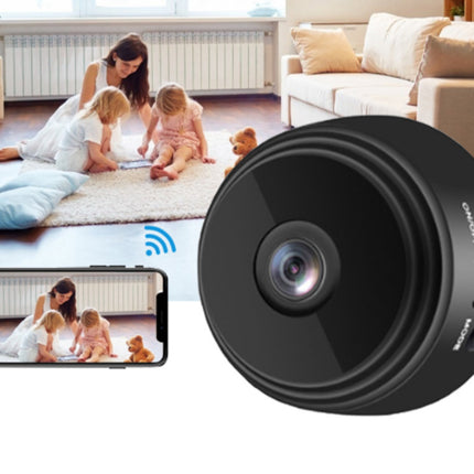 Smart home security camera with a family in a living room and a smartphone screen showing the camera feed.