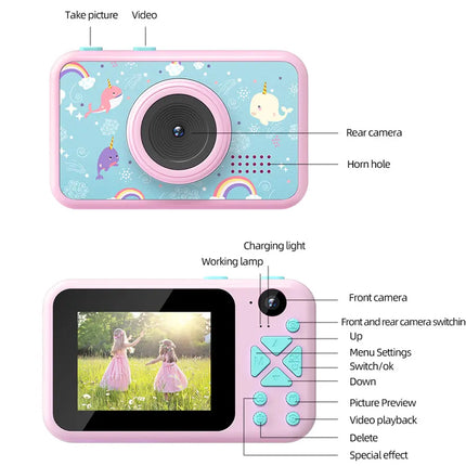 Pink children's digital camera shown from the front and back with labeled callouts for features such as take picture, video, rear camera, charging light, front camera, and buttons.