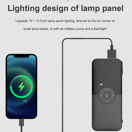 A product feature graphic showing a dark gray portable lamp panel connected to a smartphone that displays a green charging icon. The text at the top reads 'Lighting design of lamp panel' and describes upgrading the lamp panel lighting.