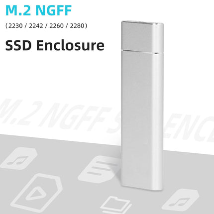 White M.2 NGFF SSD enclosure on a light gray background with text indicating supported sizes.