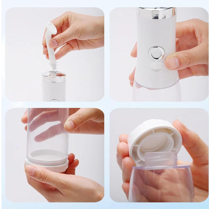 A four-panel collage showing hands demonstrating the use of a small white handheld device with a clear container. The panels show the device being attached to a nozzle, held upright, and the clear container opened and filled.