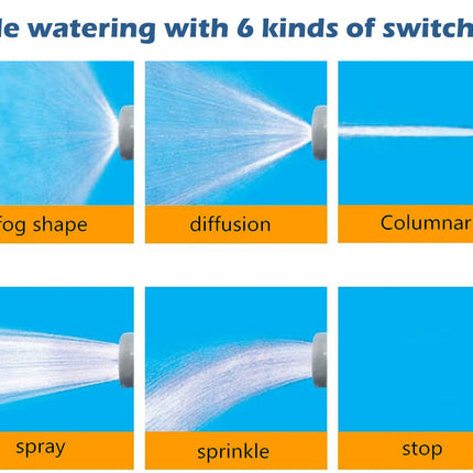 Illustration of a water sprinkler with six different water spray patterns on a blue background.