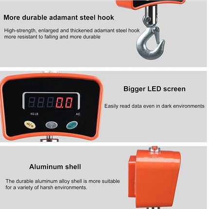 Digital weight indicator with features highlighted on a gray background