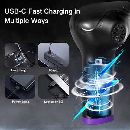 Black hair dryer with USB-C fast charging options on a dark background