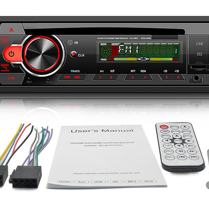Car stereo system with remote control, user manual, and wiring harness on a white background