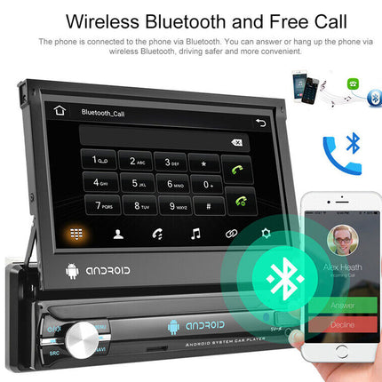 Car stereo system with Bluetooth connectivity and smartphone app illustration on a white background