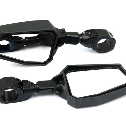 A pair of black motorcycle side mirrors with octagonal frames and mounting clamps, displayed on a clean white background.