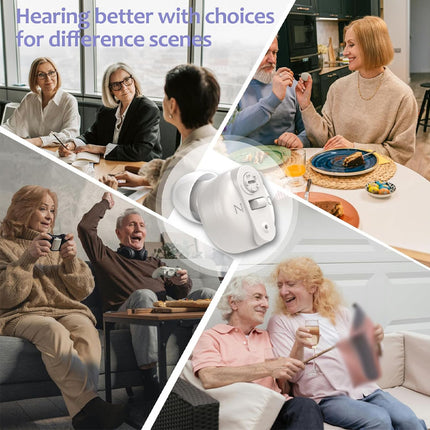 Collage of people using hearing aids in various settings with text 'Hearing better with choices for difference scenes'.