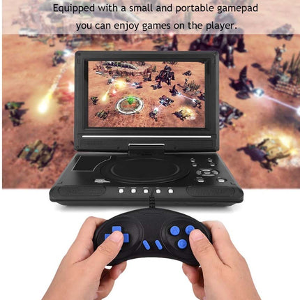 Portable game console with a small gamepad on a desert landscape background