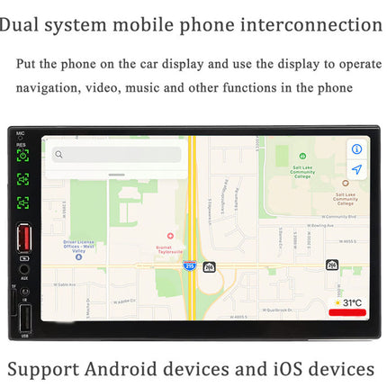 Car multimedia system with map display and text about dual system mobile phone interconnection.