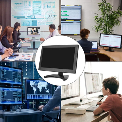 Collage of people working at desks with computer monitors, including a close-up of a monitor.