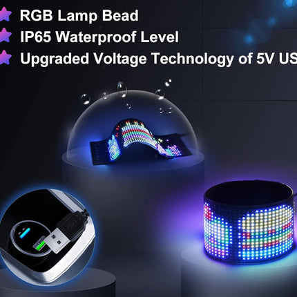 An RGB LED light strip bead product shown with feature callouts: 'RGB Lamp Bead', 'IP65 Waterproof Level', and 'Upgraded Voltage Technology of 5V USB'. The main product appears as a curved multicolor LED strip under a dome, with inset views of a USB charging connector and a cylindrical lit LED unit on dark pedestals.