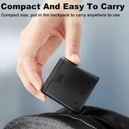 A hand holding a small black rectangular power bank above a black backpack, with text at the top reading 'Compact And Easy To Carry' and 'Compact size, put in the backpack to carry anywhere to use.'.