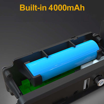 A close-up of a black electronic device showing an exposed bright blue cylindrical battery cell inside, with green circuitry and audio jack details on the side. Yellow text at the top reads 'Built-in 4000mAh'.