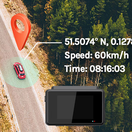 Red car on a road with a GPS device displaying coordinates and speed, surrounded by trees.