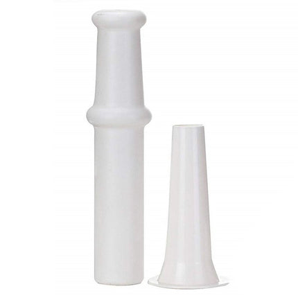 Two white plastic cones on a white background