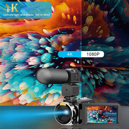 Camera with microphone on a colorful abstract background comparing 4K and 1080P video quality.
