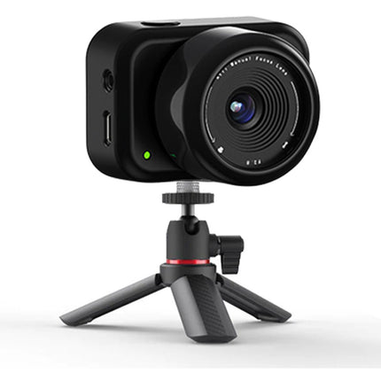 Small black camera on a tripod with a white background