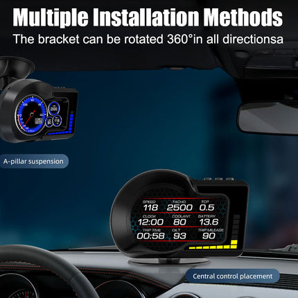 Car dashboard with a digital speedometer and tachometer, showing multiple installation methods.
